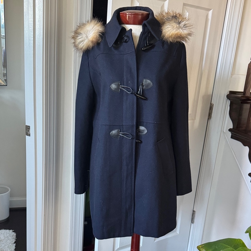 Nautica Navy Blue Wool Blend Faux Fur Hooded Toggle Pea Coat Jacket NWOT L